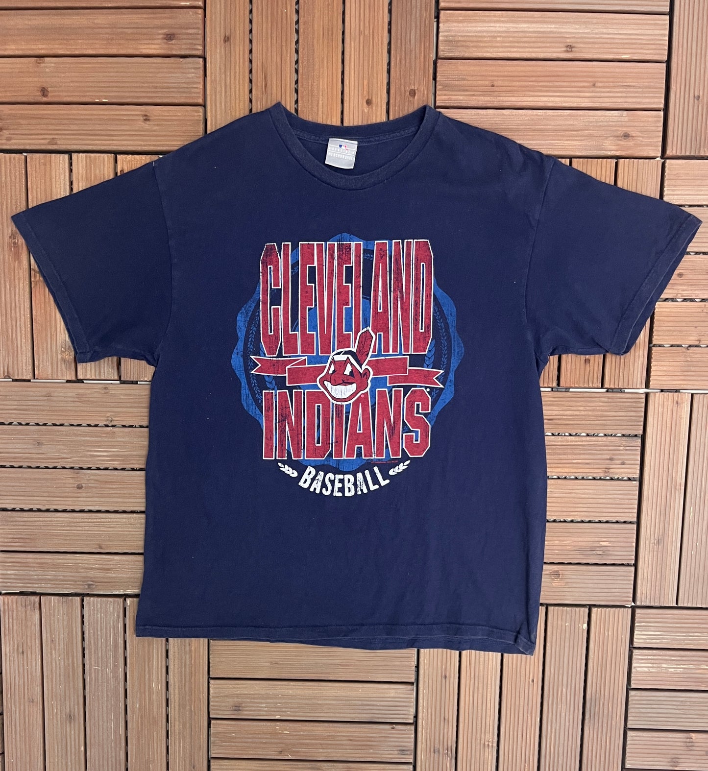 Cleveland Indians Baseball Graphic Tee | Size X-Large | Vintage 2000s MLB Baseball Blue T-Shirt |