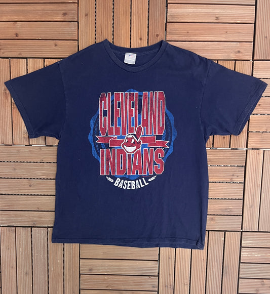 Cleveland Indians Baseball Graphic Tee | Size X-Large | Vintage 2000s MLB Baseball Blue T-Shirt |