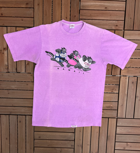 Hawaii Cat Race Graphic Tee | Size Large | Vintage 1990s Animal Promotional Purple T-Shirt | Made in USA | Free Shipping to USA |