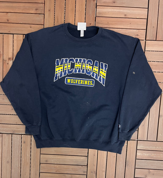 University of Michigan Wolverines Stitched Graphic Crewneck | Size XX-Large | Vintage 2000s College Sports Blue Sweater |