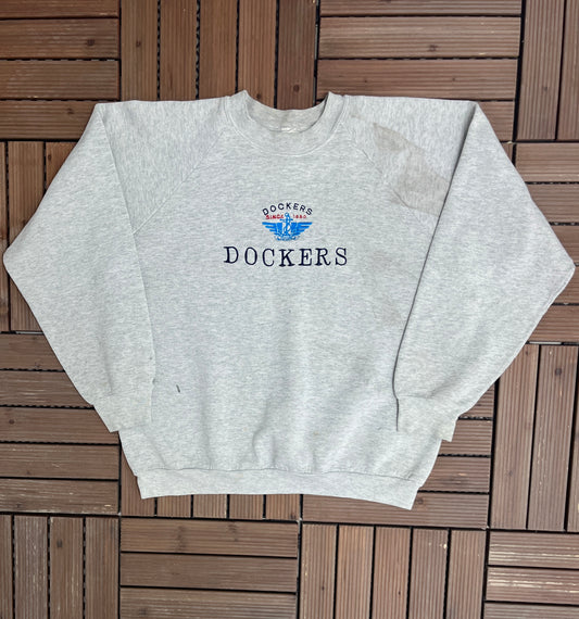 Dockers Embroidered Graphic Crewneck | Size X-Large | Vintage 1980s Worker Branded Grey Sweater |