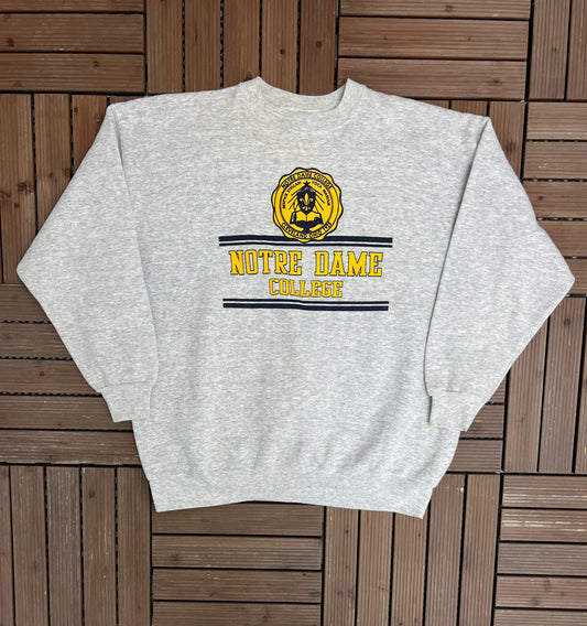 Notre Dame College Graphic Crewneck | Size X-Large | Vintage 1990s College Sports Grey Sweater |