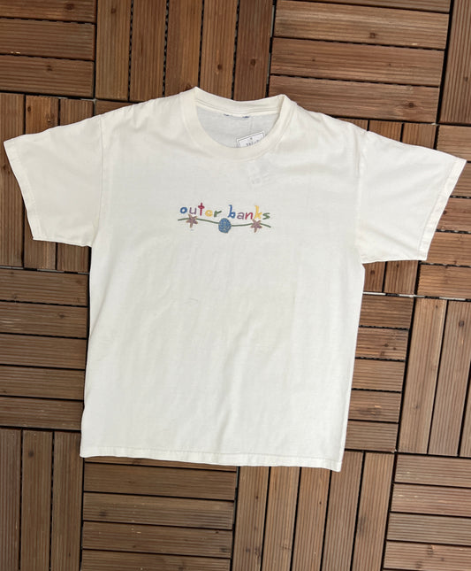Outer Banks, North Carolina Embroidered Graphic Tee | Size Medium | Vintage 2000s Promotional Tourist White T-Shirt | Free Shipping to USA |