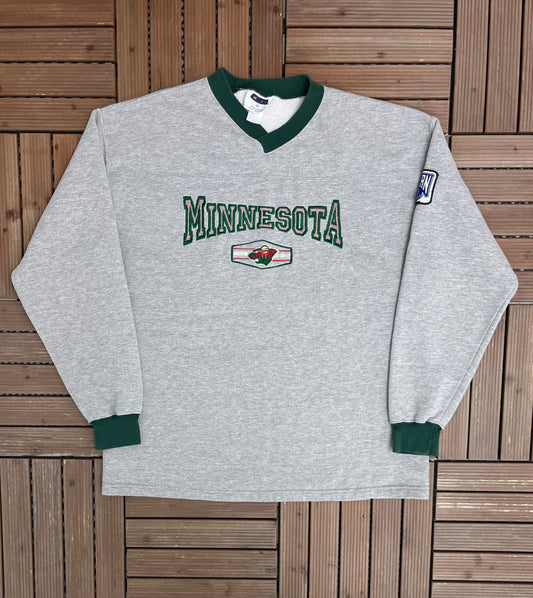 Minnesota Wild Stitched Graphic Crewneck | Size X-Large | Vintage 2000s NHL Hockey Grey Sweater |