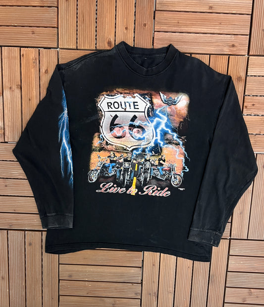Route 66 Live To Ride Graphic Tee | Size X-Large | Vintage 2000s Biker Promotional Tourist Black T-Shirt |