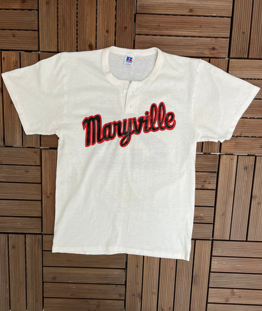 Maryville University Saints Graphic Tee | Size Large | Vintage 1990s College Sports White T-Shirt | Russell Athletic |