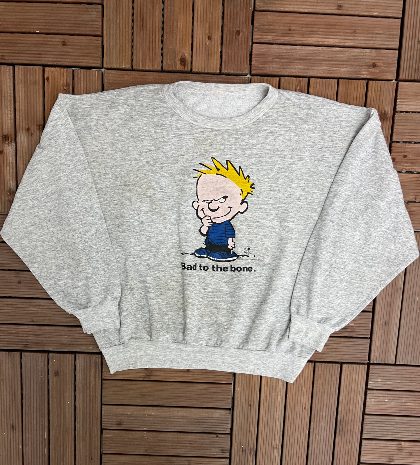 Bad To The Bone Graphic Crewneck | Size Large | Vintage 1990s Cartoon Grey Sweatshirt | Made in USA |