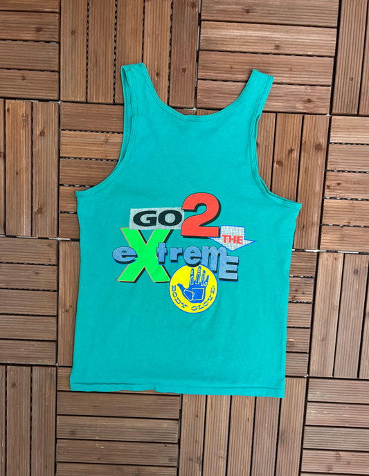 Body Glove Go 2 The Extreme Graphic Tee | Size Large | Vintage 1990s Blue Promotional Tank Top T-Shirt | Free Shipping to USA |