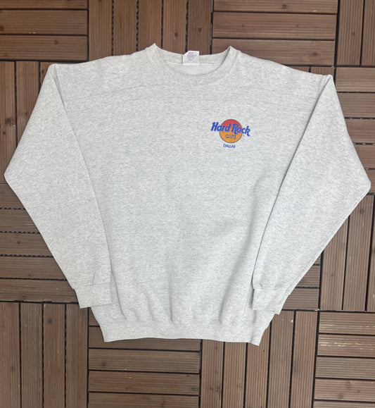 Hard Rock Cafe Dallas Graphic Crewneck | Size X-Large | Vintage 1990s Promotional Collectors Grey Sweater |