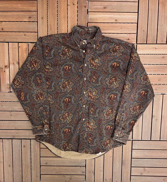 Ruff Hewn Animal Abstract Button Down | Size Large | Vintage 1990s Made in Canada Brown Button Down | Free Shipping to USA |