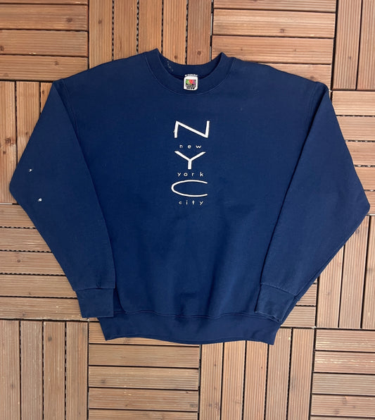 New York City Embroidered Graphic Crewneck | Size X-Large | Vintage 1990s Tourist Blue Sweater |