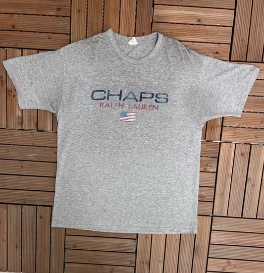 Chaps Ralph Lauren Graphic Tee | Size Large | Vintage 1990s Branded Promotional Polo Grey T-Shirt | Free Shipping to USA |