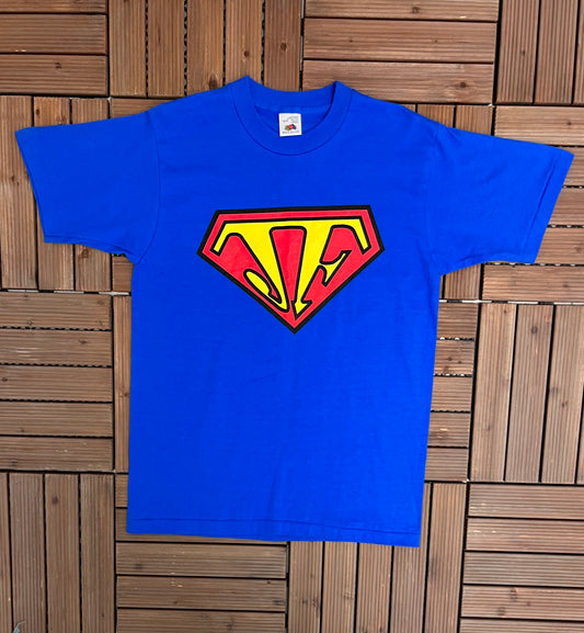 Jamfest Superman Spoof Logo Graphic Tee | Size Medium | Vintage 1990s Single Stitch Superhero Blue T-Shirt |