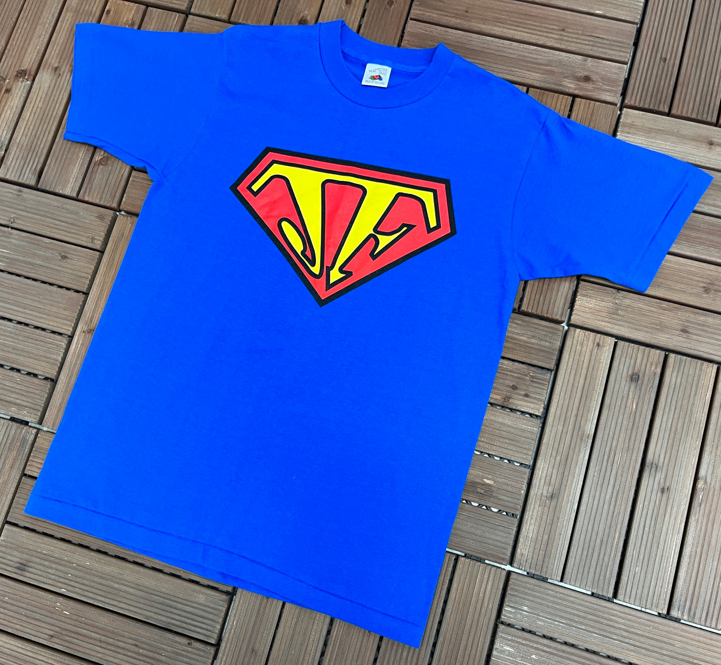 Jamfest Superman Spoof Logo Graphic Tee | Size Medium | Vintage 1990s Single Stitch Superhero Blue T-Shirt |