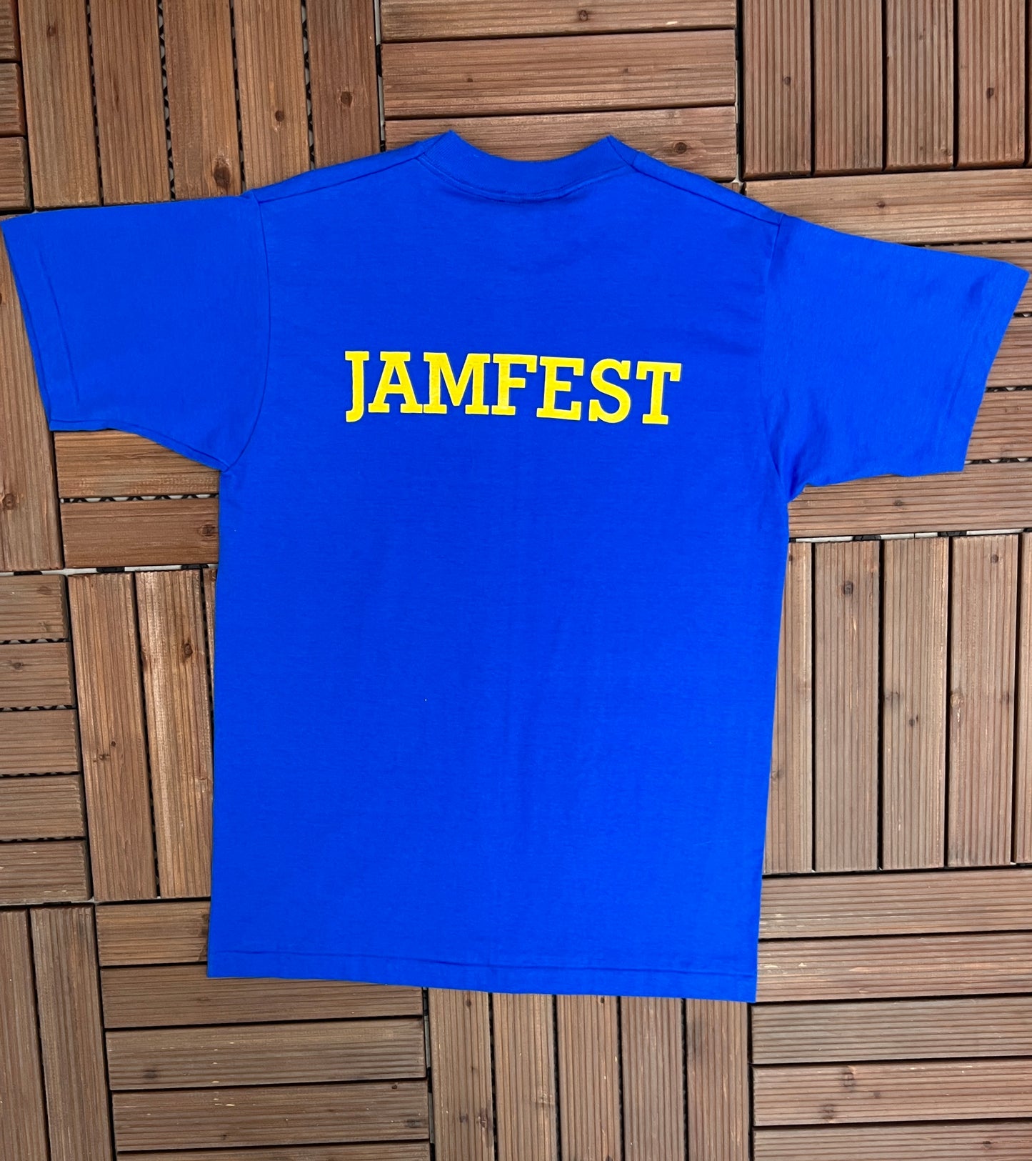 Jamfest Superman Spoof Logo Graphic Tee | Size Medium | Vintage 1990s Single Stitch Superhero Blue T-Shirt |