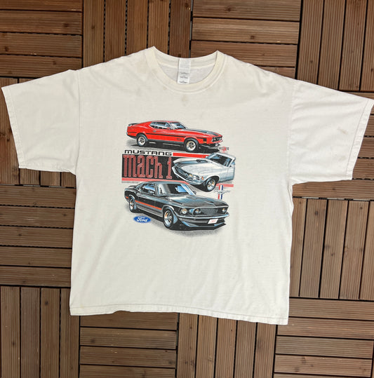 Ford Mustang Mach 1 Graphic Tee | Size XX-Large | Vintage 2000s American Muscle Car Racing White T-Shirt |