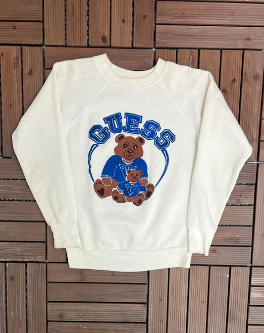 Guess Teddy Bear Graphic Crewneck | Size Small | Vintage 1980s Branded Promotional White Sweater |