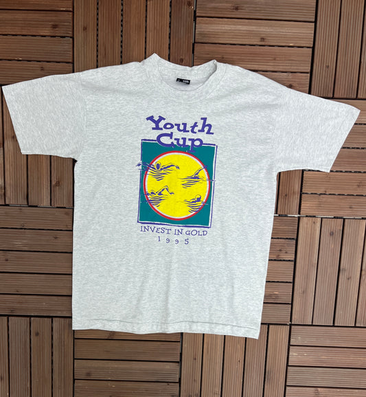 Youth Cup Invest In Gold 1995 Graphic Tee | Size Large | Vintage 1990s Single Stitch Grey T-Shirt | Made in USA |