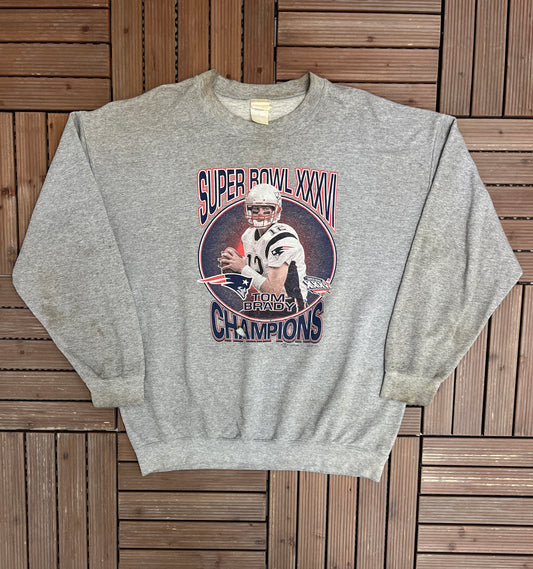 New England Patriots Super Bowl XXXVI Graphic Crewneck | Size X-Large | Vintage 2000s NFL Football Grey Sweater |