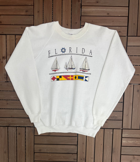 Florida Sailing Graphic Crewneck | Size X-Large | Vintage 1980s Tourist White Sweater |