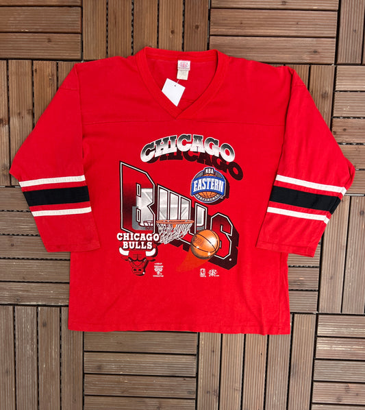 Chicago Bulls Eastern Conference Graphic Tee | Size Large | Vintage 1990s Single Stitch NBA Basketball Red T-Shirt |