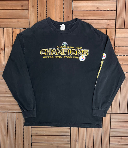 Pittsburgh Steelers Super Bowl XLIII Champions Graphic Tee | Size X-Large | Vintage 2000s NFL Football Black T-Shirt |