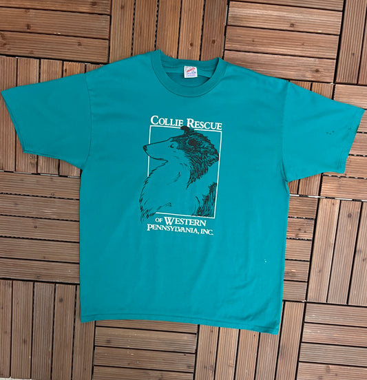 Collie Rescue Of Western Pennsylvania Graphic Tee | Size X-Large | Vintage 1990s Promotional Green T-Shirt | Free Shipping to USA |