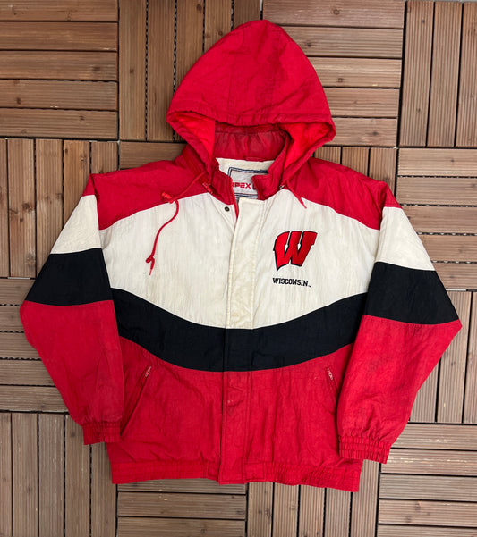 Wisconsin Badgers Graphic Jacket | Size Large | Vintage 1990s College Sports Apex One Puffer Red Coat |