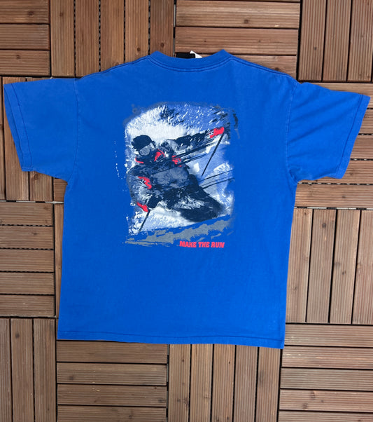 Marlboro Cigarettes Make The Run Skiing Graphic Tee | Size X-Large | Vintage 1990s Promotional Blue T-Shirt | Free Shipping to USA |