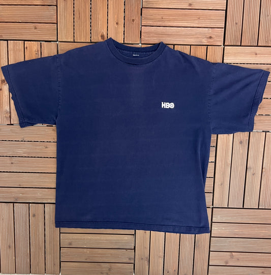 HBO Embroidered Graphic Tee | Size X-Large | Vintage 1990s Promotional Sports Network Blue T-Shirt | Free Shipping to USA |