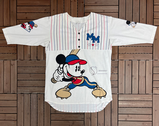 Mickey Mouse Baseball Graphic Tee | Size Large/X-Large | Vintage 1990s Disney Cartoon White T-Shirt |