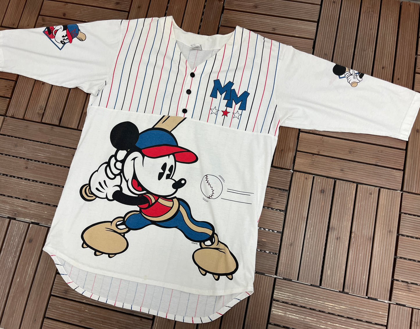 Mickey Mouse Baseball Graphic Tee | Size Large/X-Large | Vintage 1990s Disney Cartoon White T-Shirt |