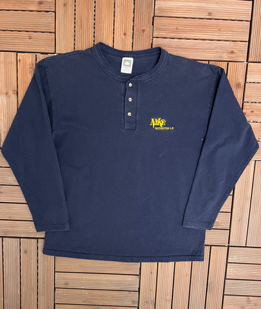 Nike Securities L.P. Embroidered Graphic Tee | Size Large | Vintage 1990s Nike Bootleg Long Sleeve Blue T-Shirt | Free Shipping to USA |