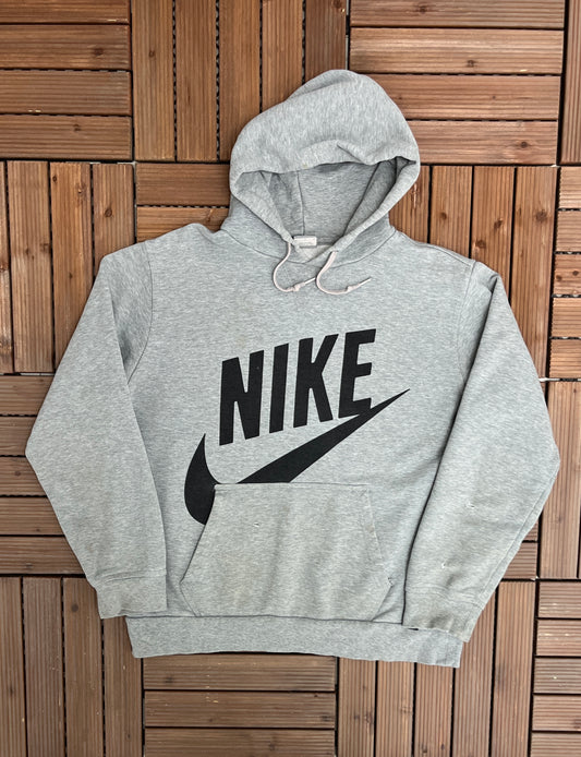 Nike Big Swoosh Graphic Hoodie | Size Large | Vintage 2000s Grey Branded Swoosh Sweatshirt | Free Shipping to USA |