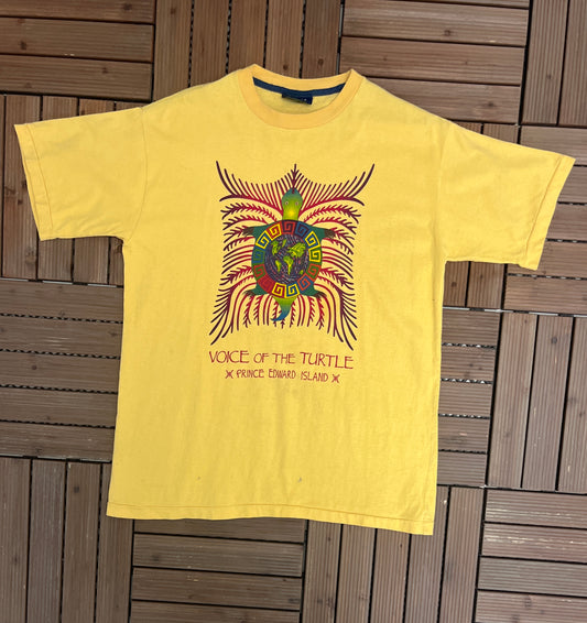 Voice of the Turtle, Prince Edward Island Graphic Tee | Size Large | Vintage 1990s Single Stitch Tourist Yellow T-Shirt |