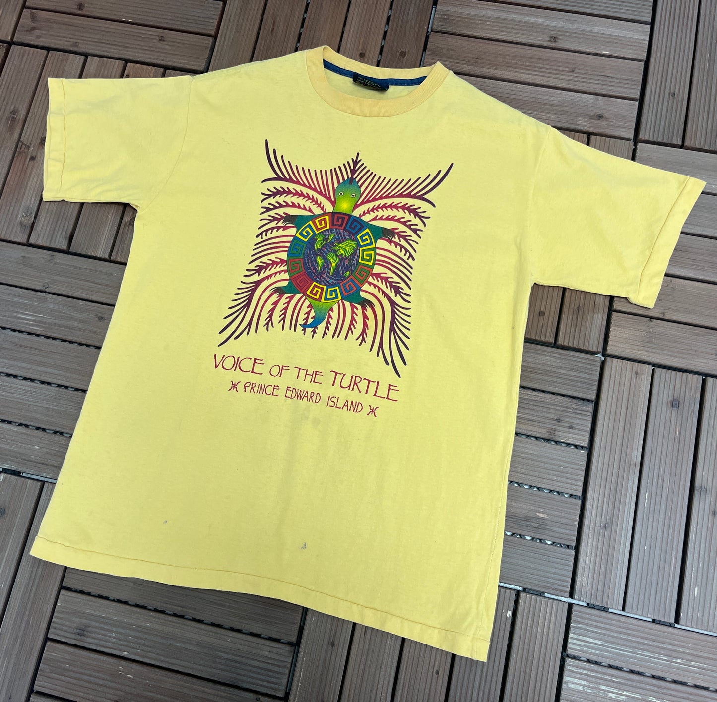 Voice of the Turtle, Prince Edward Island Graphic Tee | Size Large | Vintage 1990s Single Stitch Tourist Yellow T-Shirt |