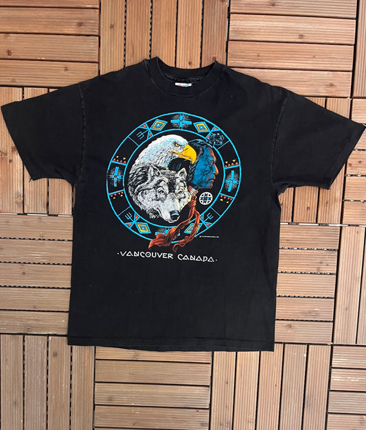 Vancouver, Canada Eagle Graphic Tee | Size Large | Vintage 1990s Made in USA Tourist Black T-Shirt |