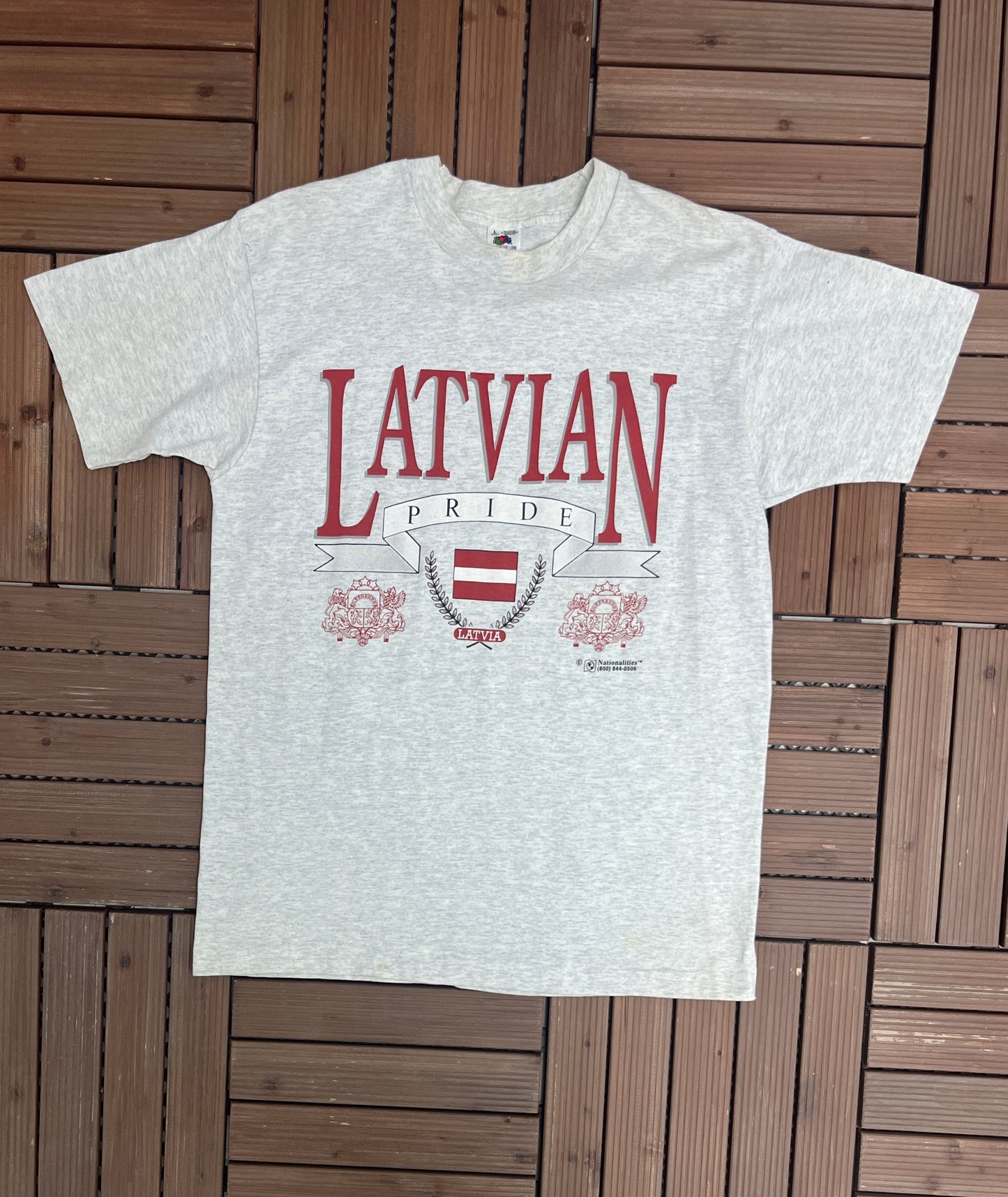 Latvian Pride Graphic Tee | Size Large | Vintage 1990s Single Stitch Grey T-Shirt | Made in USA |