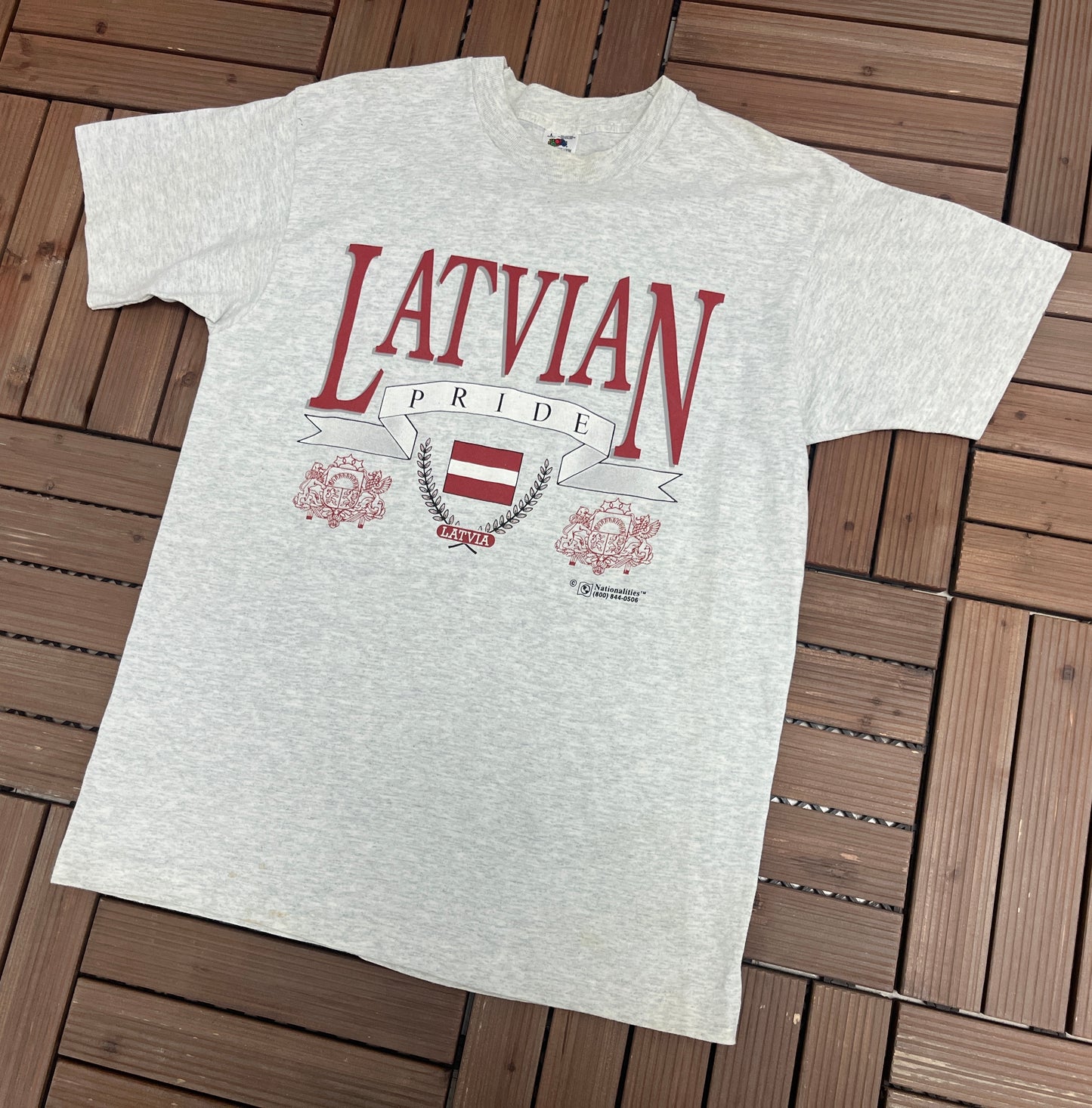 Latvian Pride Graphic Tee | Size Large | Vintage 1990s Single Stitch Grey T-Shirt | Made in USA |