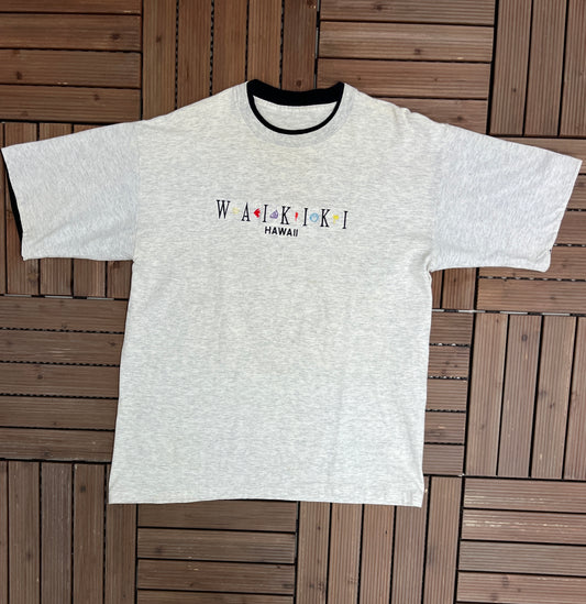 Waikiki, Hawaii Embroidered Graphic Tee | Size Large | Vintage 1990s Single Stitch Layered Grey T-Shirt |