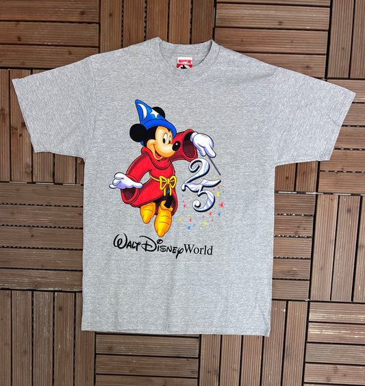 Walt Disney World 25 Year Anniversary Graphic Tee | Size Large | Vintage 1990s Cartoon Promotional Grey T-Shirt |