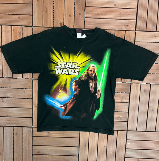 Star Wars Qui-Gon Jinn Graphic Tee | Size Medium | Vintage 2000s Black Star Wars Movie Character T-Shirt |