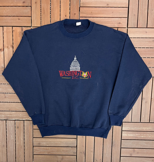 Washington, DC Embroidered Graphic Crewneck | Size X-Large | Vintage 1990s Tourist Blue Sweater |