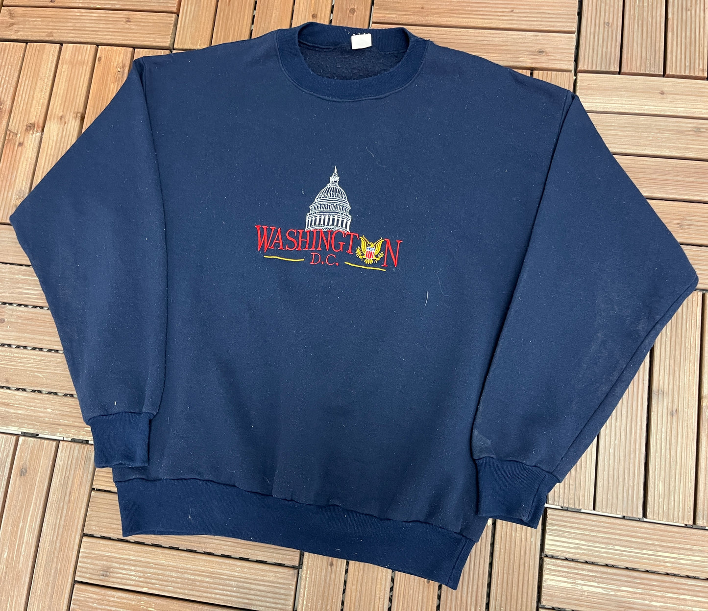 Washington, DC Embroidered Graphic Crewneck | Size X-Large | Vintage 1990s Tourist Blue Sweater |