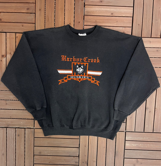 Harbor Creek Huskies Graphic Crewneck | Size XX-Large | Vintage 1990s High School Football Black Sweater |