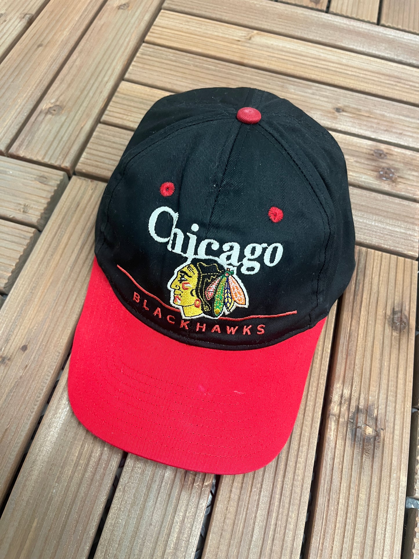 Chicago Blackhawks Embroidered Graphic Hat | Snap Back | Vintage 1990s NHL Hockey Black Cap |