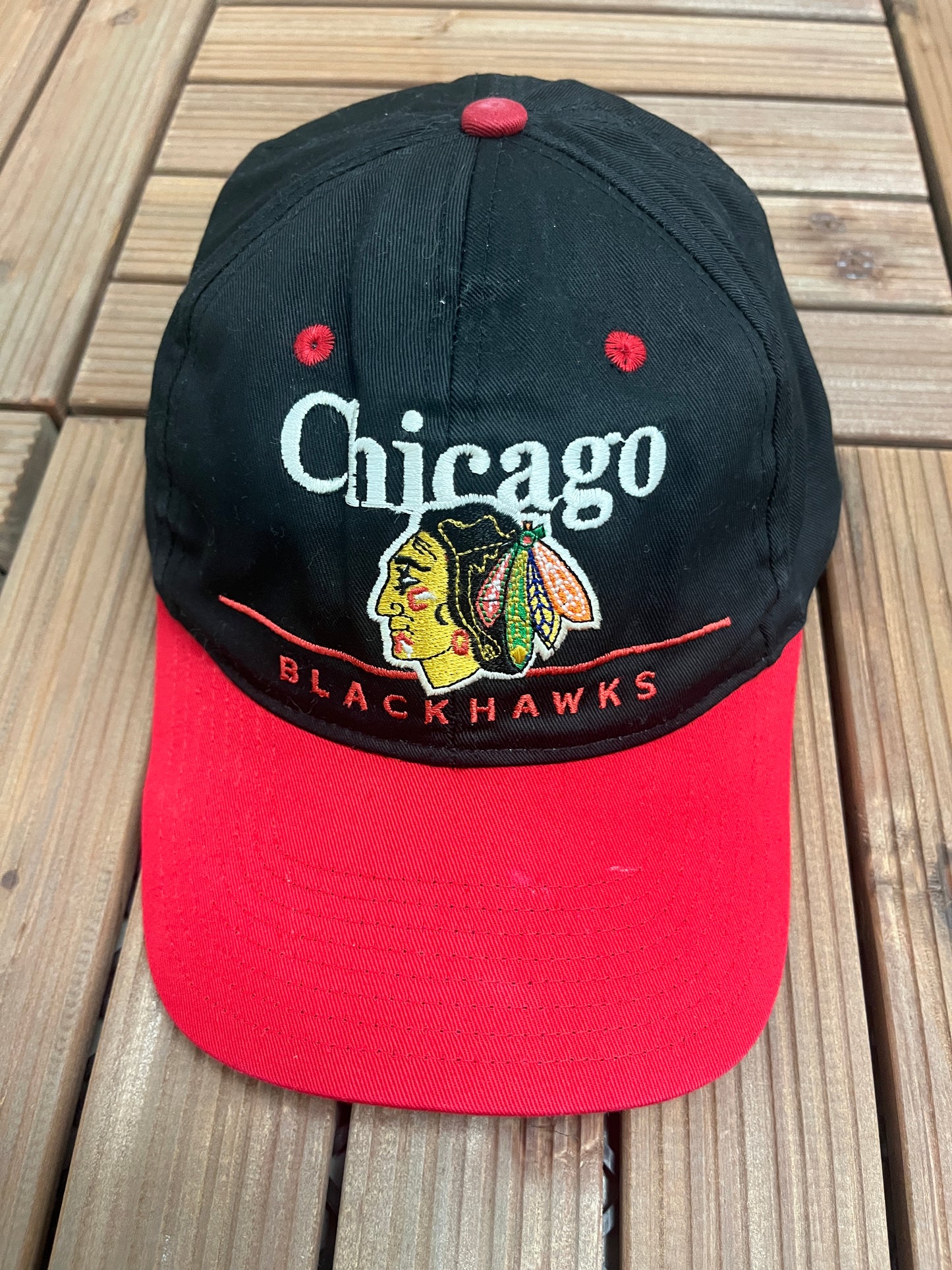 Chicago Blackhawks Embroidered Graphic Hat | Snap Back | Vintage 1990s NHL Hockey Black Cap |