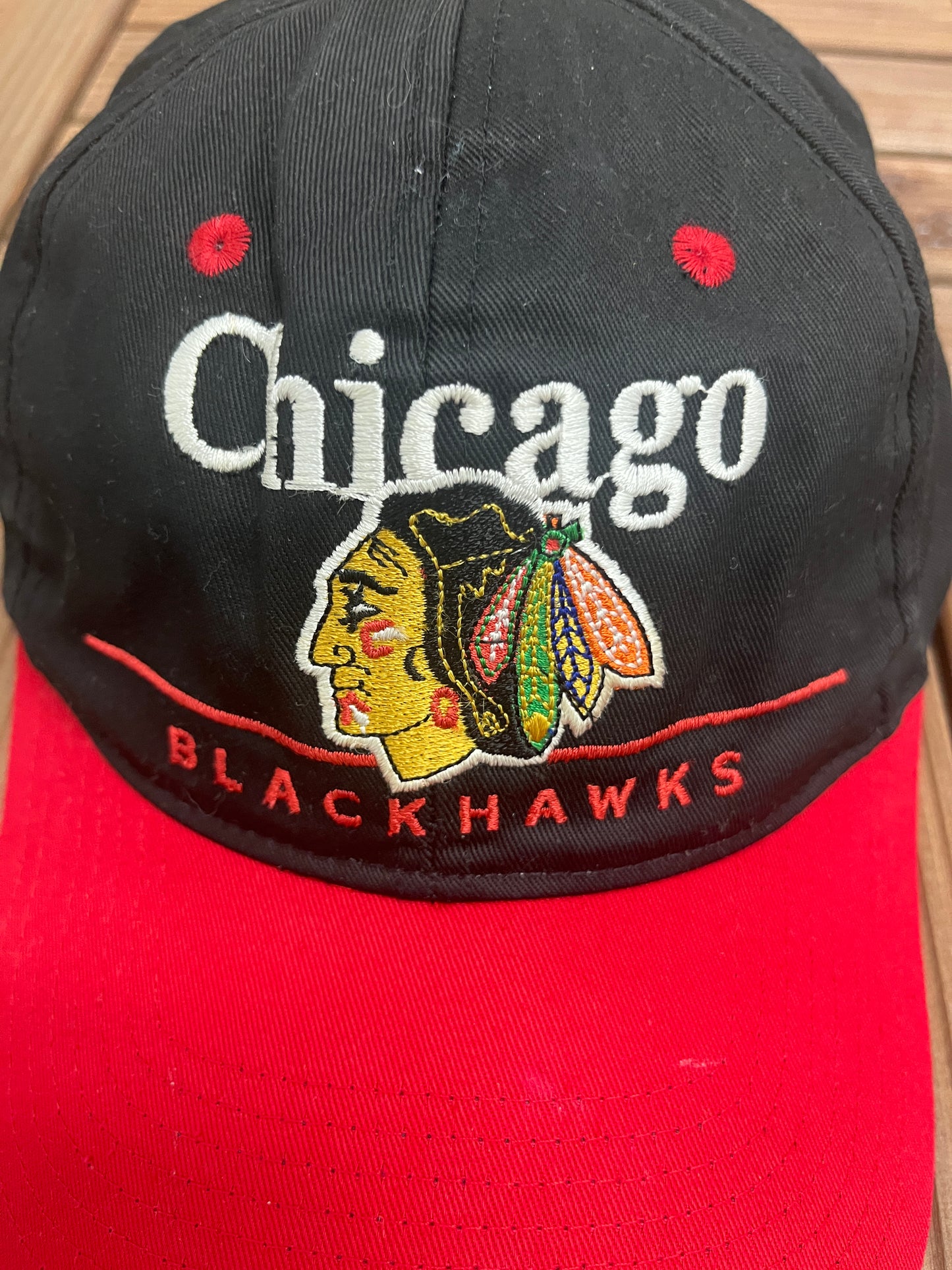 Chicago Blackhawks Embroidered Graphic Hat | Snap Back | Vintage 1990s NHL Hockey Black Cap |