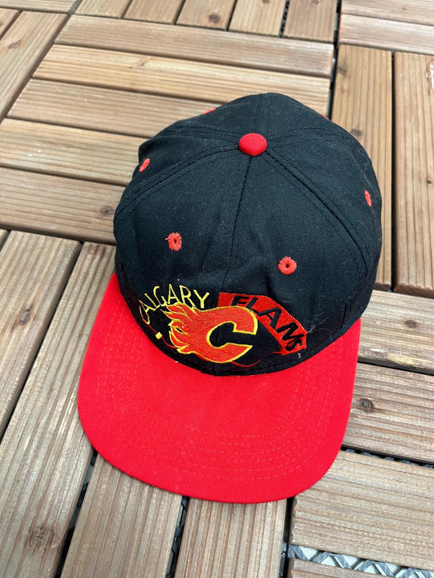 Calgary Flames Embroidered Graphic Hat | One Size Fits All | Vintage 1990s NHL Hockey Black Cap |