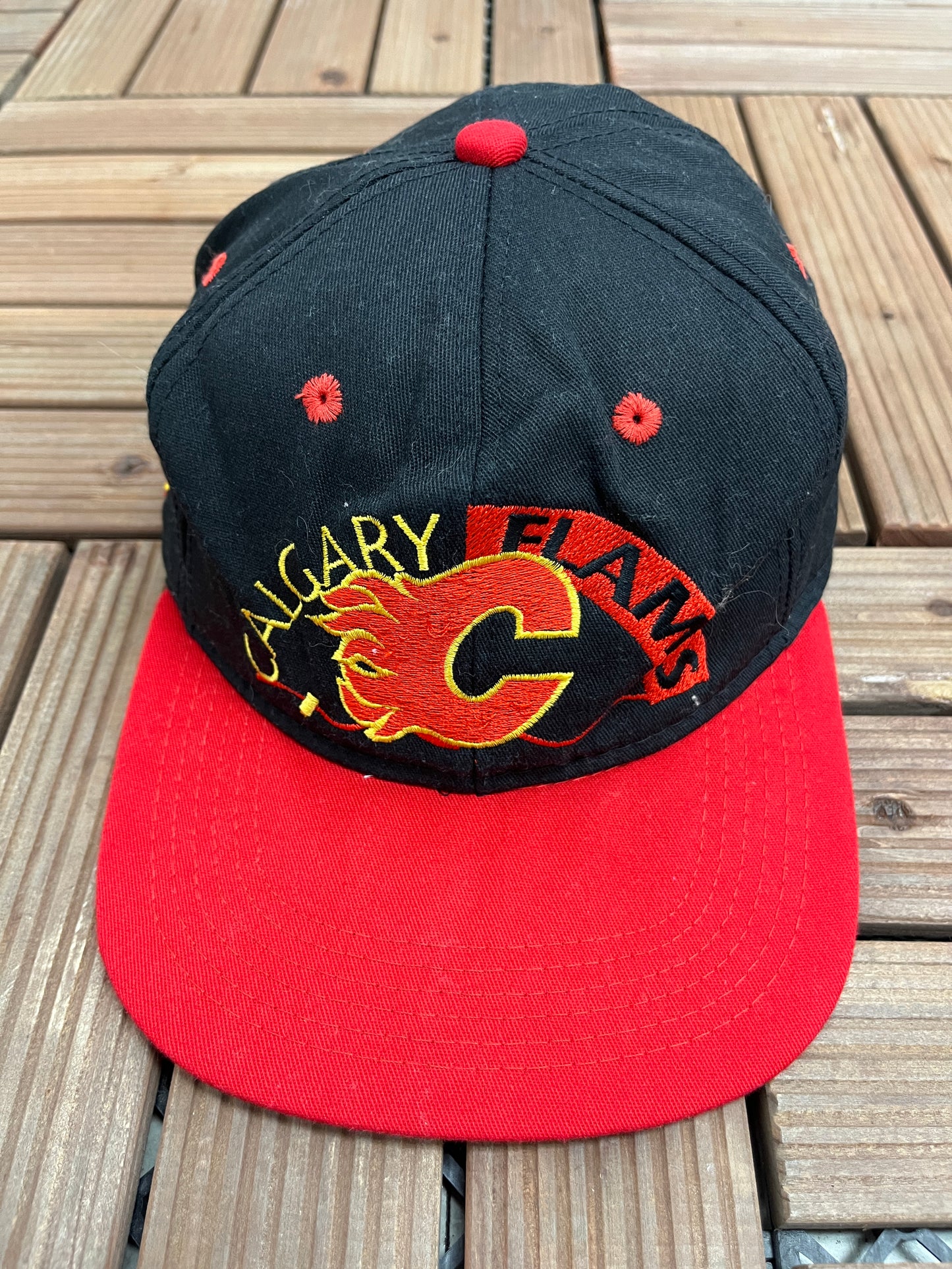 Calgary Flames Embroidered Graphic Hat | One Size Fits All | Vintage 1990s NHL Hockey Black Cap |